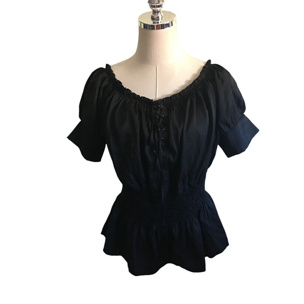 Black Peasant Blouse with Smocked Waist